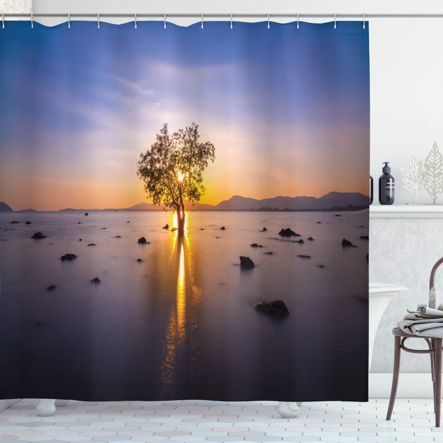 Amazon Com Ambesonne Asian Shower Curtain Tree In The Lake With Pastoral Mother Earth Themed Mystical Landscape Image Cloth Fabric Bathroom Decor Set With Hooks 70 Long Blue Orange Home Kitchen