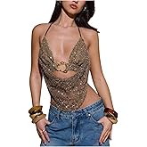 BEAUDRM Women's Sequin Crochet Halter Tops Sparkly Tie Backless Metal Ring Rave Party Club Night Out Crop Top