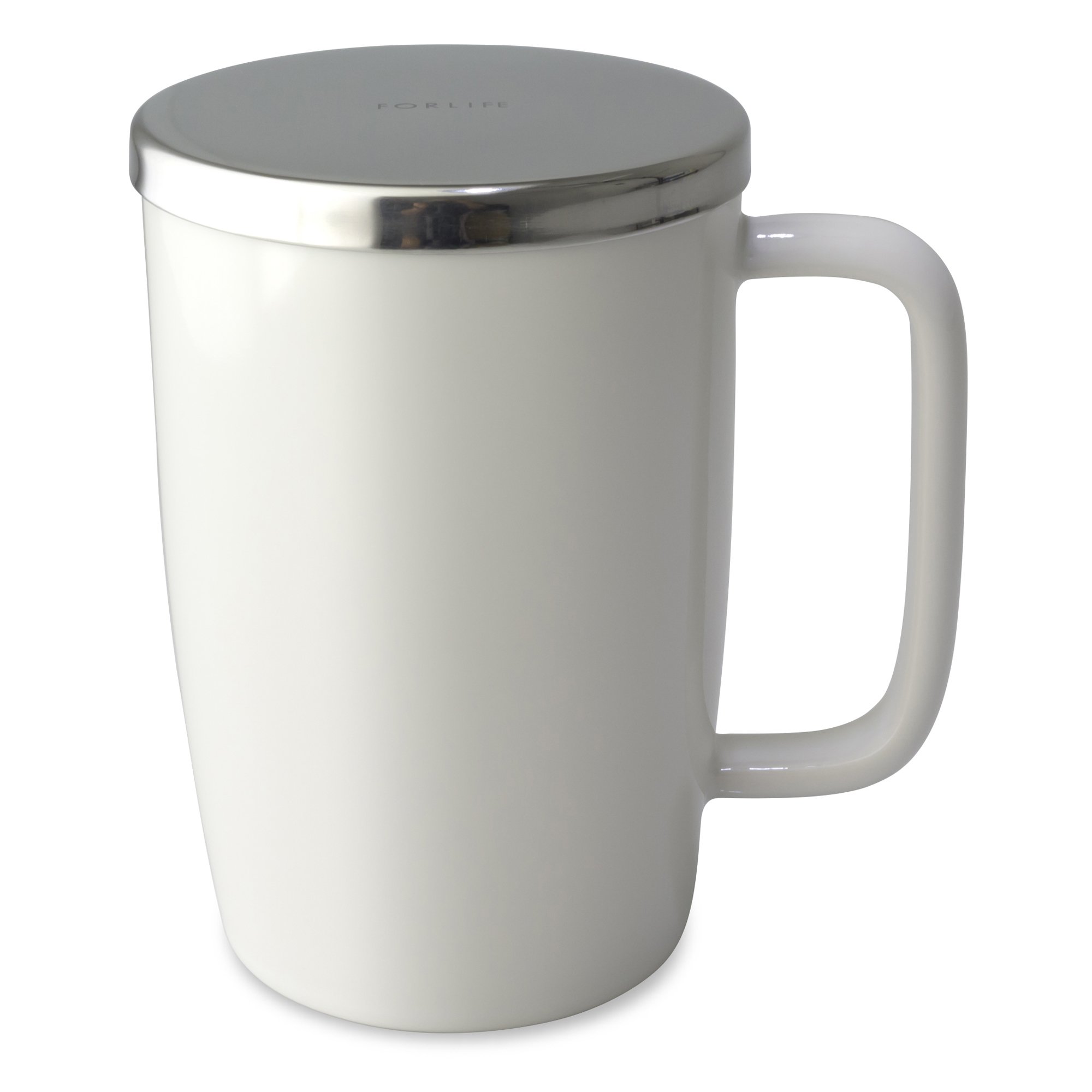 FORLIFE 610-WHT Dew Brew-in-Mug with Basket Infuser & Stainless Lid, Ceramic, White