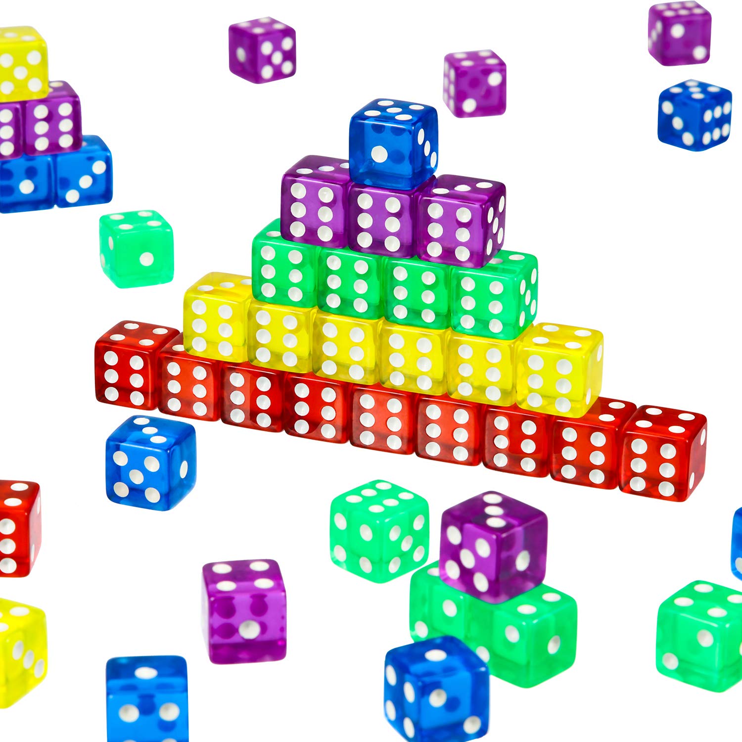 [50 Pieces] 6-Sided Games Dice Set, Colored Dice with Black Velvet Pouches for Games, Like Board Pastime‌, Math Contest, Party Favors(Purple, Blue, Green, Red, Yellow, Transparent Square Edge)