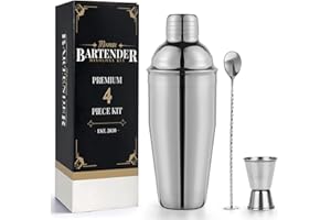 Premium Mixology Cocktail Shaker Set | 4 Piece Bar Tool Set, Silver Bar Set Cocktail Shaker Set for Drink Mixing - Includes M