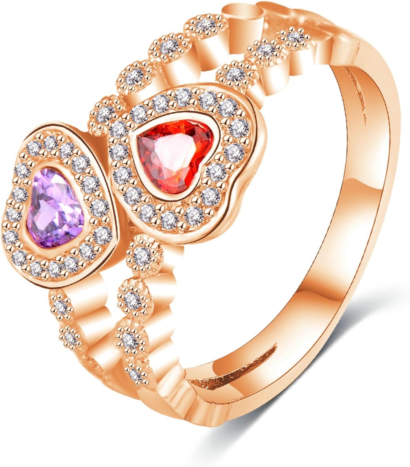 AnazoZ Fashion Rings, Rose Gold Elegant Copper Ring Purple Red Double Love Simulated Diamond Female Ring Size