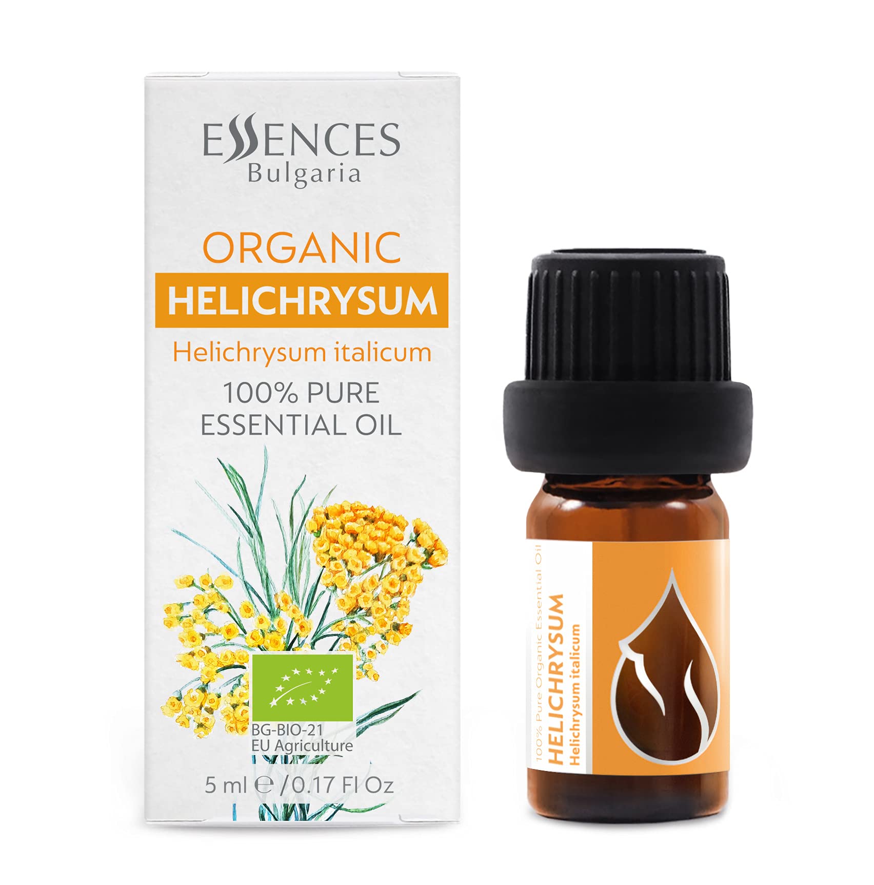 Essences Bulgaria Organic Helichrysum Essential Oil 5ml | Helichrysum italicum | 100% Pure and Natural | Undiluted | Therapeutic Grade | Family Owned Farm | Steam-Distilled | Non-GMO | Vegan