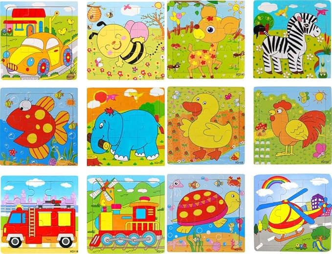 Flick in Wooden Jigsaw Puzzles Game for Children | Colorful Educational Jigsaws for Kids and preschoolers Over 3 Years (9 Pieces, Pack of 12, Random Design)