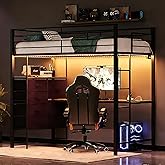 VINGLI Twin Gaming Loft Bed Frame with Desk and Dresser, Metal Single High Sleeper with RGB LED Lights, 2 Built-in Power Outlets, 15&rdquo; Extra-High Guardrails, Space-Saving Design,Black