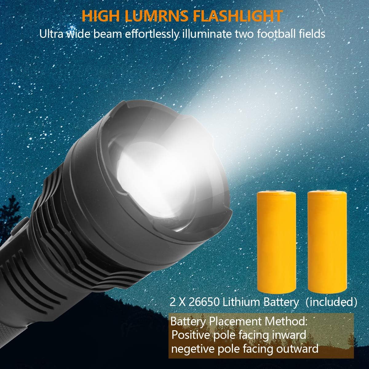 Rechargeable Led Flashlight, 90000 Lumens Super Bright Flashlights High Lumens with 26650 Batteries Included, 3 Modes, Zoomable, Waterproof Best Tactical Flashlight for Emergencies, Camping - - 