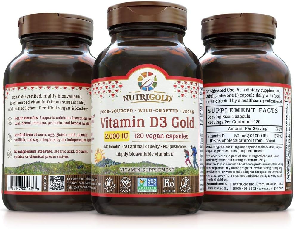 Nutrigold Vitamin D3 2000 IU, 120 Vegan Capsules (Vegan D3 from Lichen