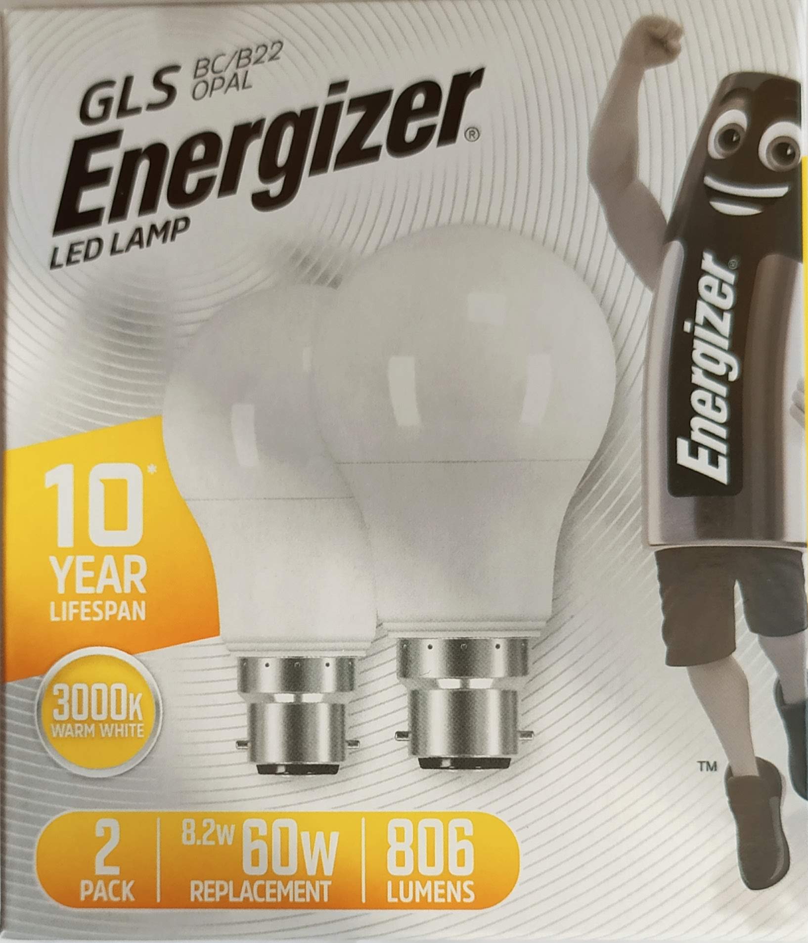 Energizer - Standard LED bulb B22, 806 Lumens, 8.2W/60W, 300K, 2 pieces. - ENEAMES16709