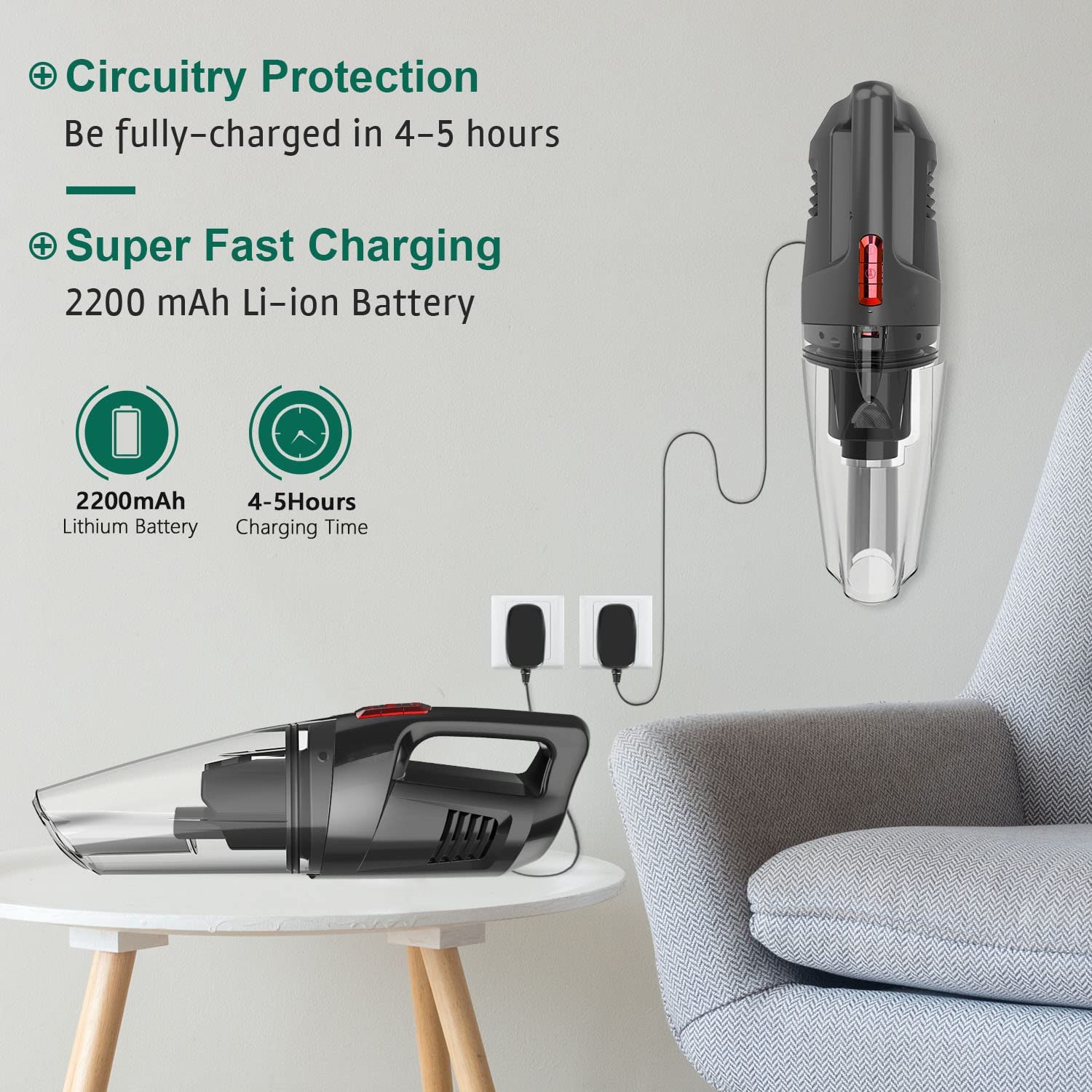 whall Handheld Vacuum Cordless, 8500PA Strong Suction Hand Held Vacuum Cleaner with LED Light, Lightweight Rechargeable, Portable Mini Hand Vacuum Wet Dry for Car, Home and Pet