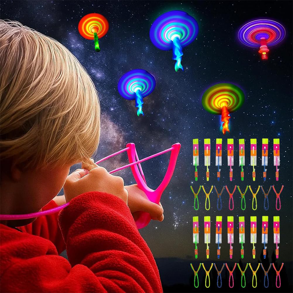 HATFRYF 16packs LED Helicopter Slingshot Toys, Light Up Flying Toys Easter Party Bags Fillers Copters Arrow Rocket Launcher Outdoor Toys for Boys Kids Birthday Party Gifts