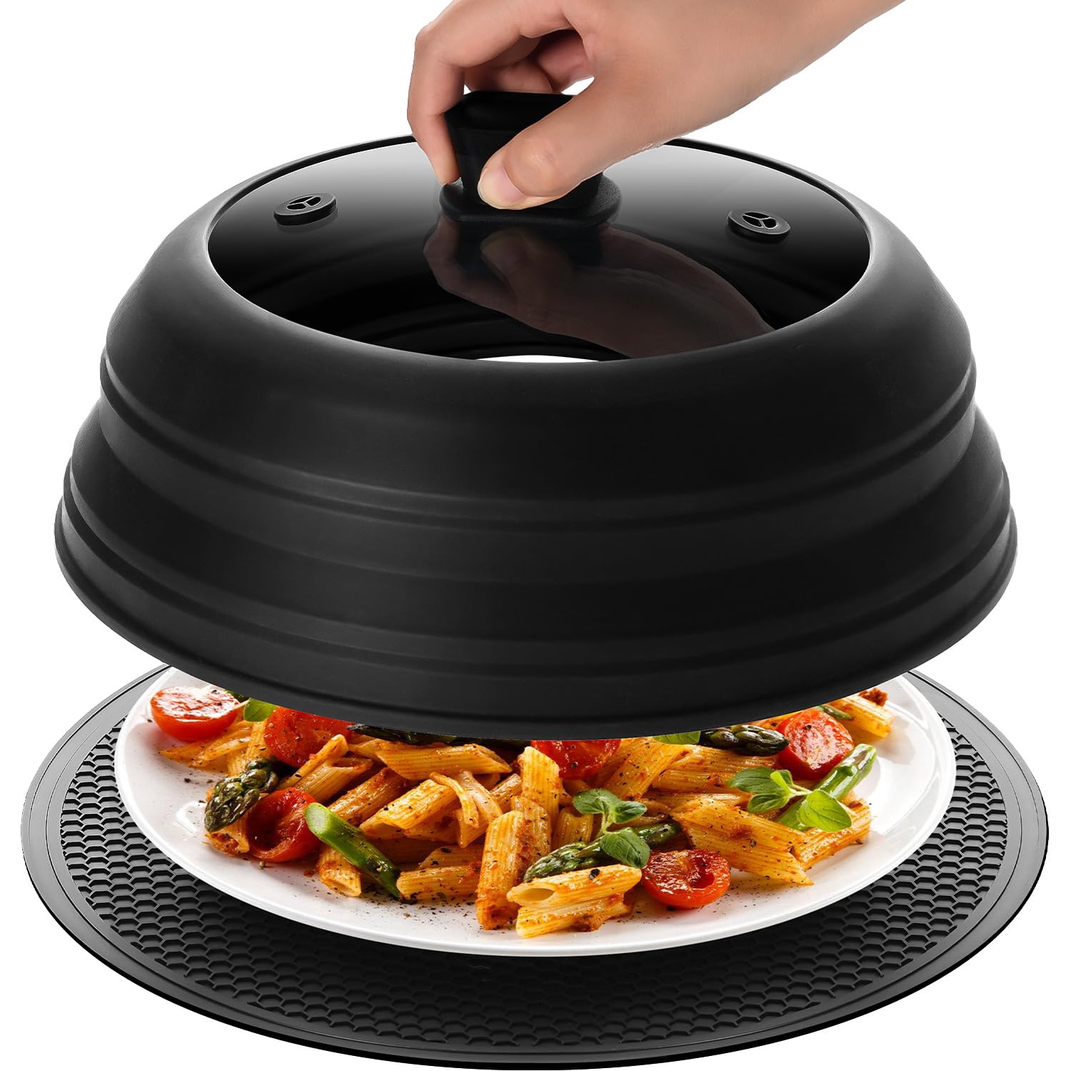 Photo 1 of Lzerking Microwave Splatter Cover & Silicone Mat, 10.8 inch Glass Splatter Guard Lid with Collapsible Silicone for Food, Fits 6-10 inch Pot Plate Bowl, Heat Resistant, Dishwasher Safe, Kitchen, Black