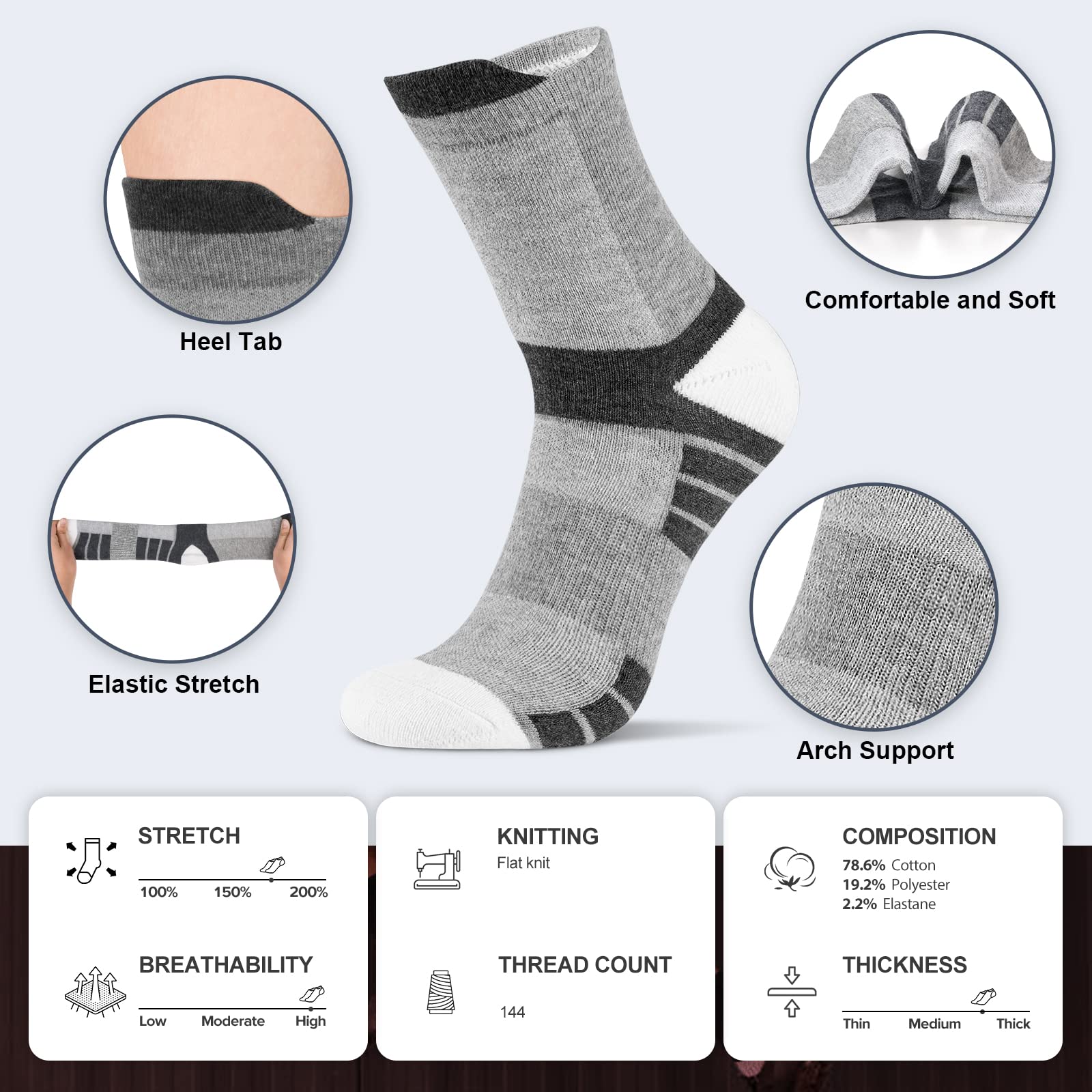Niofind Socken Herren Damen 43-46 37-42, 6 Paar Baumwolle Sportsocken, Wandersocken, Arbeitssocken, Atmungsaktiv Tennissocken, Laufsocken, Elastische Sneaker mit Dicke Frotteesohle 7