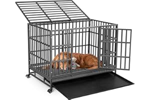 Holiwei 42 Inch Heavy Duty Indestructible Dog Crate XL Metal Kenneland cage for Large Dog,Escape Proof Dog cratewith Wheels, Removable Tray