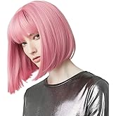 REECHO 11" Short Bob Wig with bangs Cosplay Synthetic Hair for White Black Women Color: Princess Pink