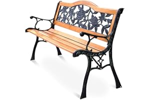 S AFSTAR Outdoor Garden Bench, Patio Bench with Large Rose Cast Backrest & Comfort Wood Seat, 470 LBS Load Capacity, Weather Proof, Durable, Easy to Assemble
