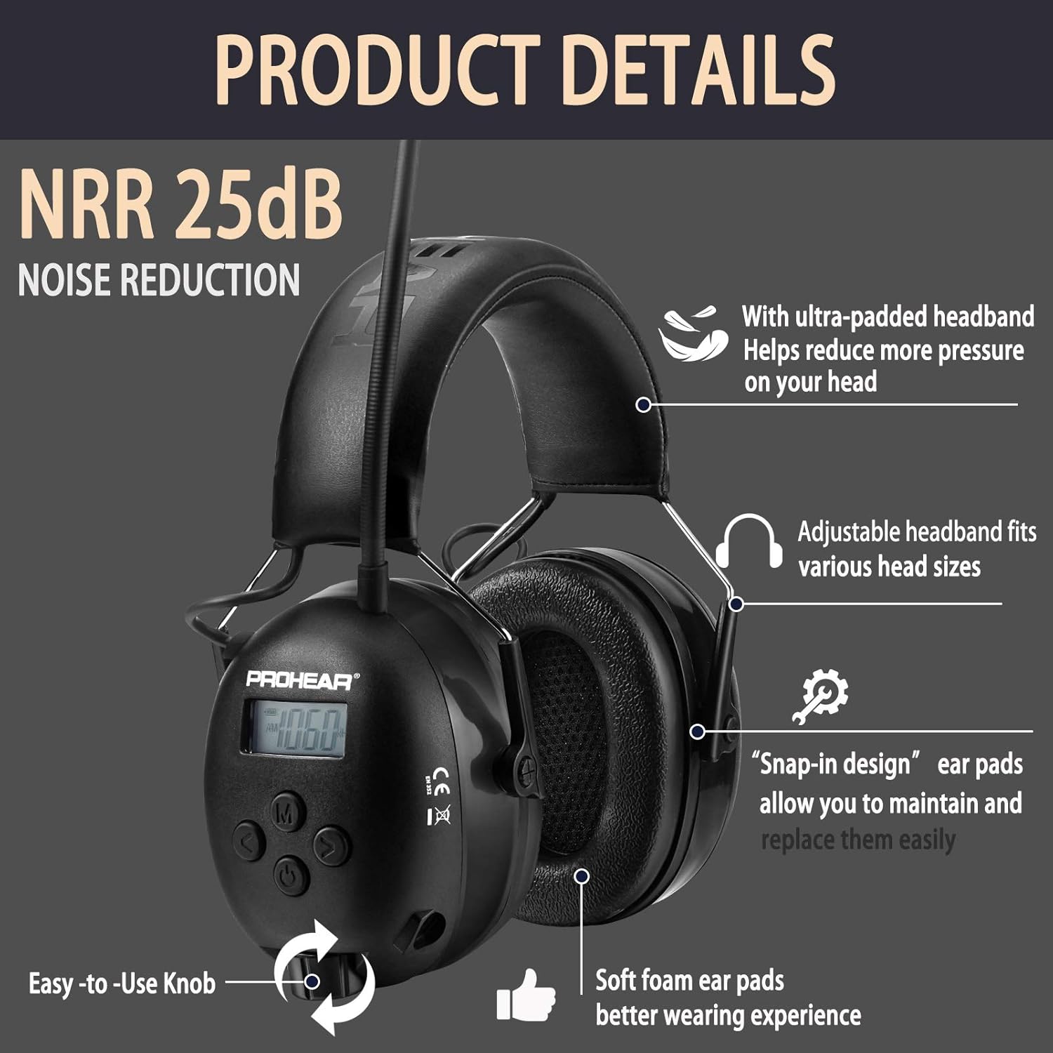 (Upgraded) PROHEAR 033 Bluetooth 5.0 Headphones with FM/AM Radio, with Rechargeable 2000 mAH Battery Hearing Protection Safety Earmuffs for Mowing Lawn Work-Black: Electronics