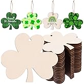 AWIZOM 60 Pcs Unfinished Shamrock Wooden Ornaments Wooden St. Patrick's Day Cutouts to Paint Blank Wood Clover Slices with Twine for DIY Craft Present Tags Irish Holiday Hanging Decorations,3.94x3.39