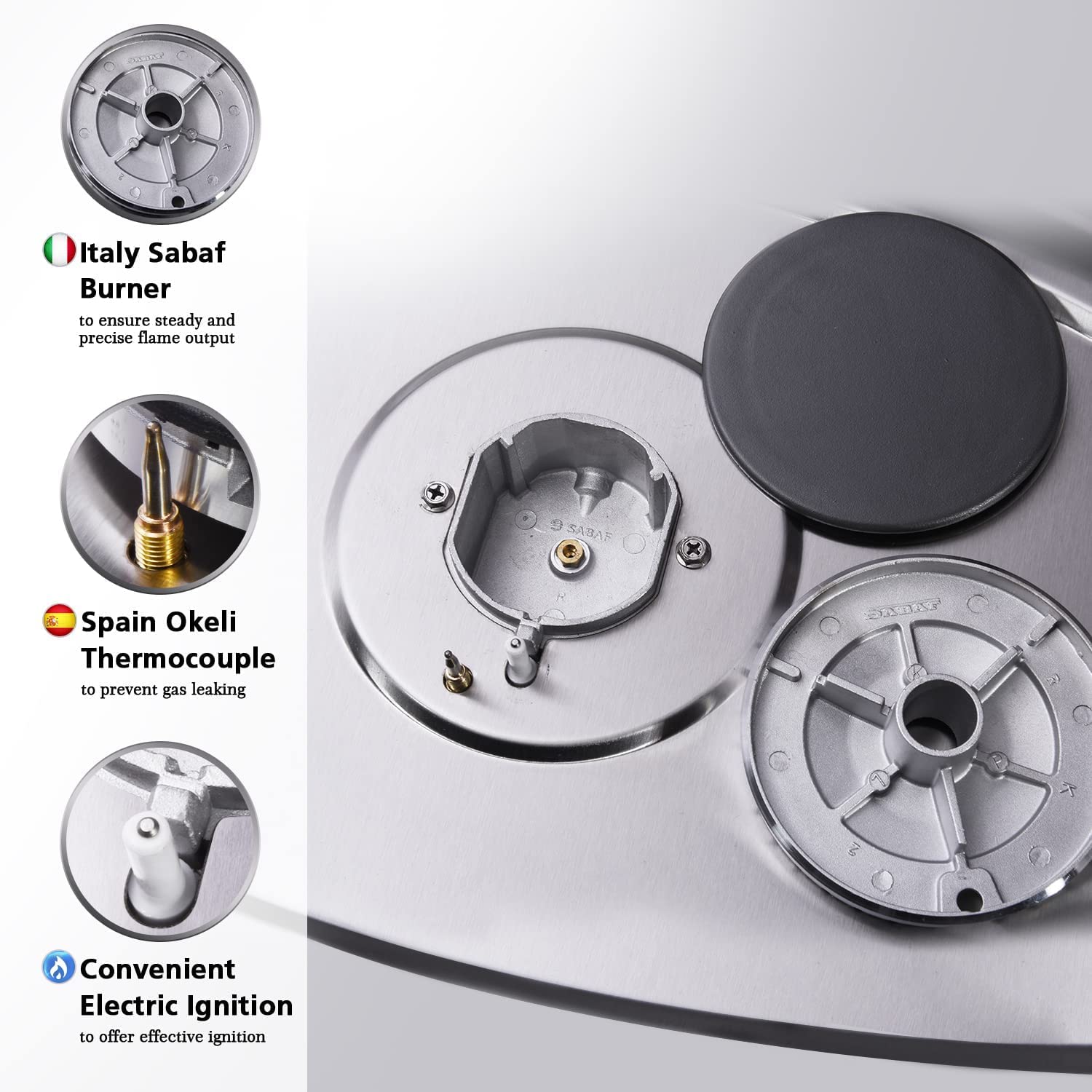 Trifecte 30 Inch Stainless Steel Gas Cooktop, Built-in Gas Stove Top with 5 Italy SABAF Sealed Burners Dual Fuel NG/LPG Convertible Gas Hob with Thermocouple Protection (Gas Regulator Not Included)