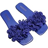 OYOANGLE Women's Flower Appliques Square Open Toe Slide Sandals Dressy Slip on Flat Sandal