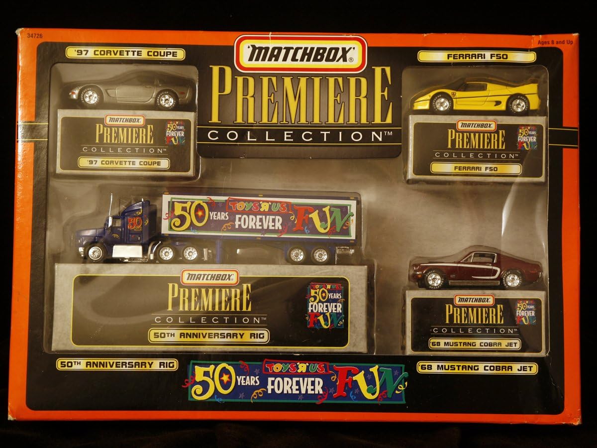 Matchbox Premiere Collection - Limited Edition Set of Four Toys R Us Die-Cast Vehicles - 1997 Corvette Coupe - Ferrari F50 - 1968 Mustang Cobra Jet - 50th Anniversary Rig