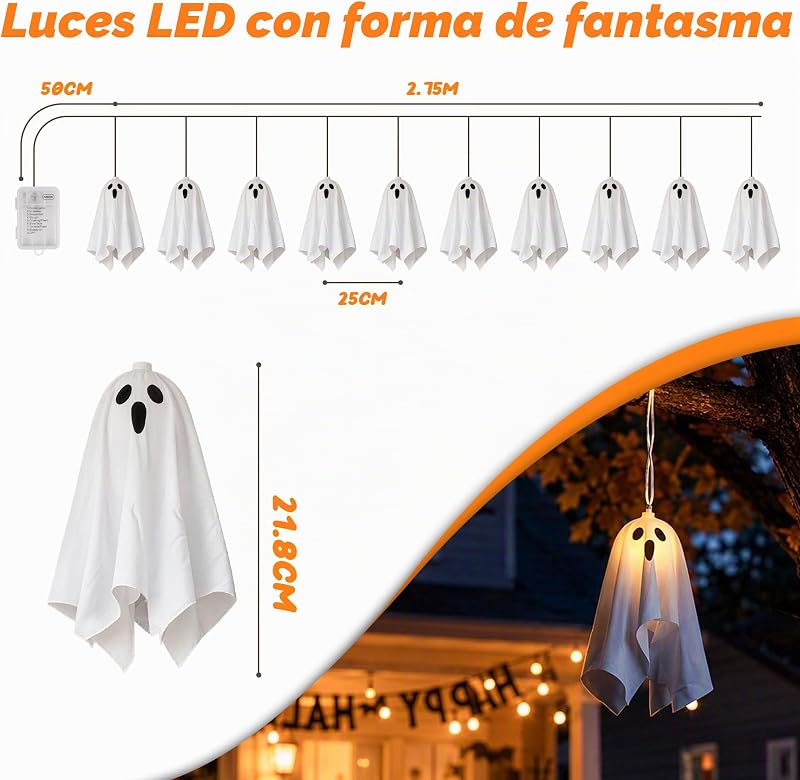 Fantasmas Decoracion Halloween, 2.75M LED Luces de Cadena Fantasma Colgante Halloween Exterior de 8 Modos, Batería y Temporizar, Luz de Hallowen Deko para Interior, Fiesta — foto 2 de 8