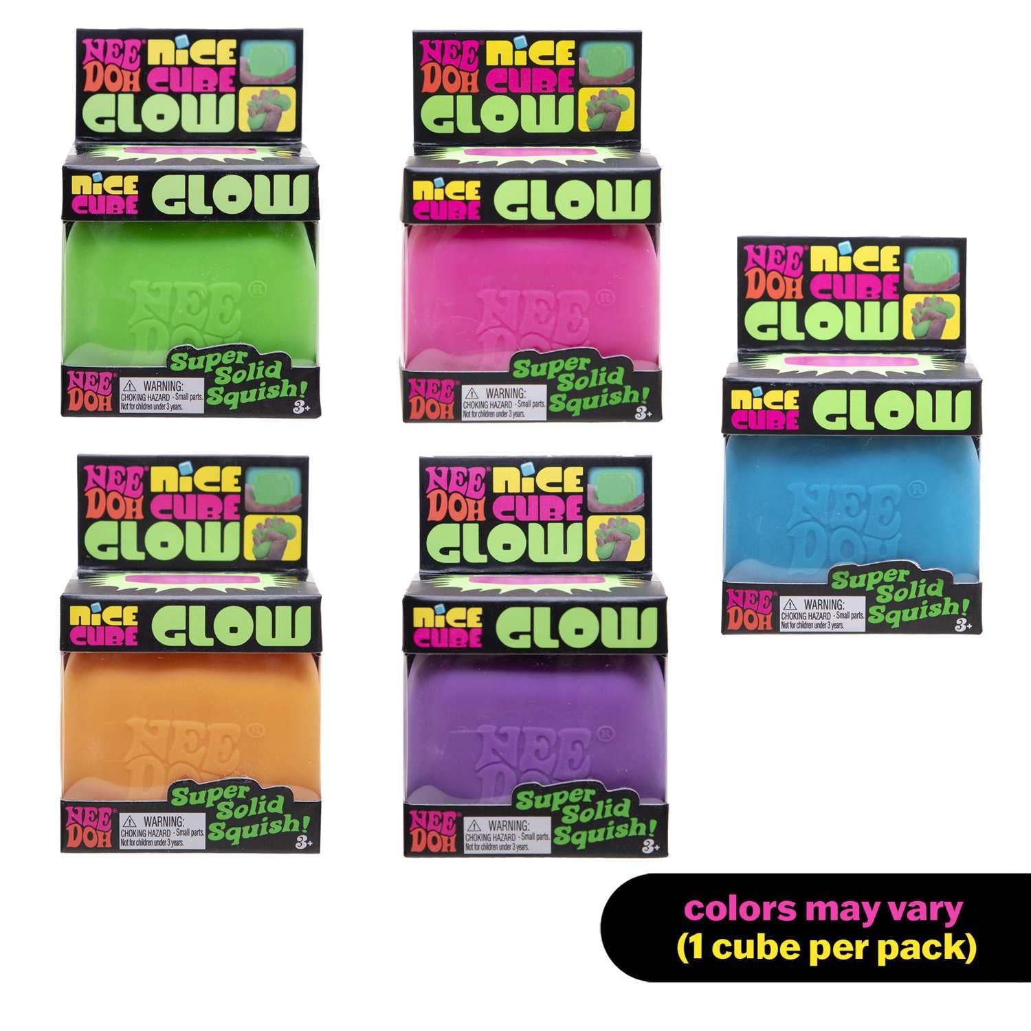 Schylling NeeDoh Nice Cube Glow - Sensory Toy with a Super Solid Squish - Glows in The Dark and Always Returns to its Square Shape - Ages 3 and Up - Color May Vary; One Cube Per Pack