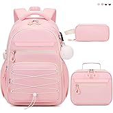 DIGOBAY Backpack for Girls, 3 PCS Girls Backpack with Lunch Box, Pencil Cace Set for Teen Girl Kids, Bookbag School Backpacks for Elementary Middle High School College Students Age 3+ Pink