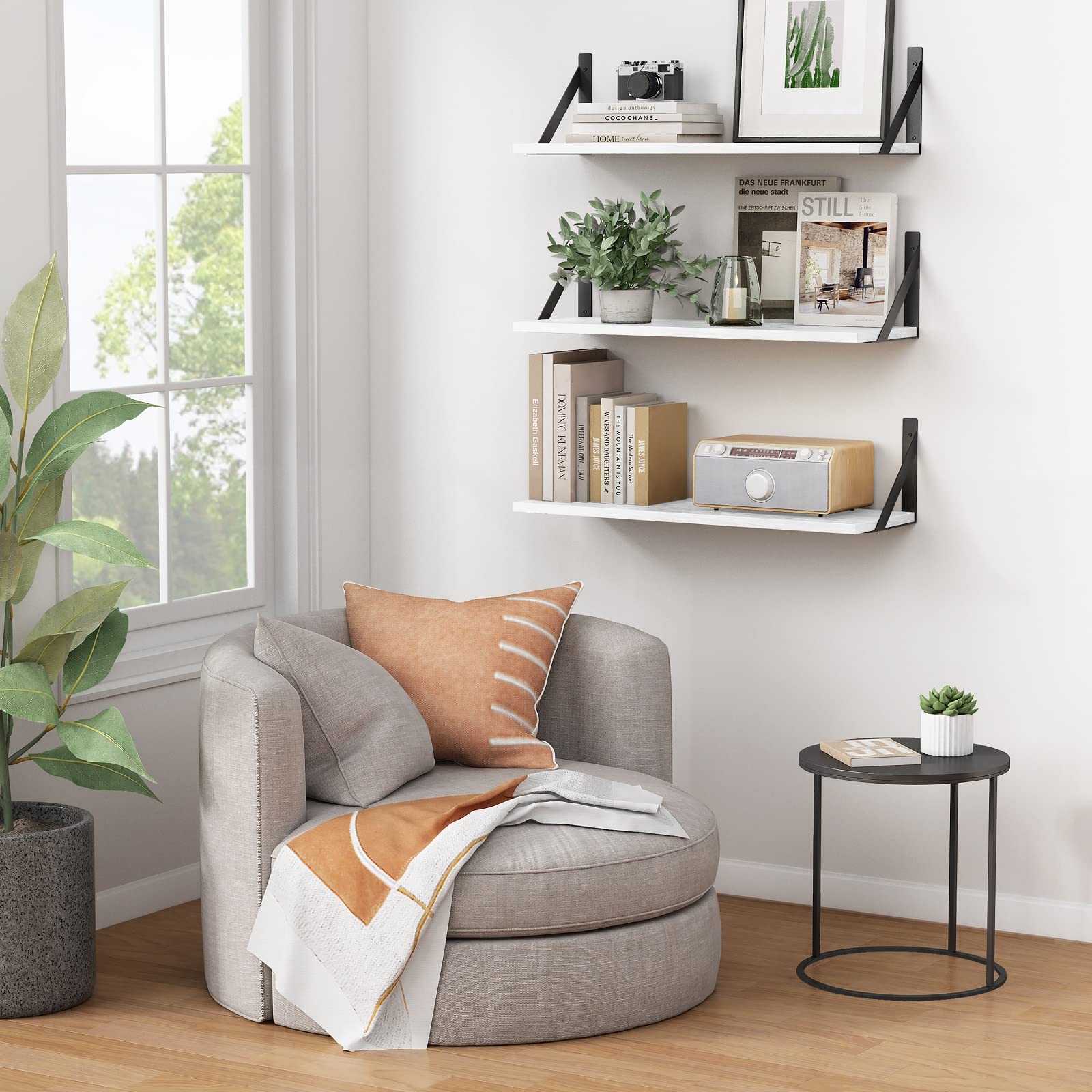 White Floating Shelves 24 inches Long Set of 3, 24 x 8 Inch Bathroom Wall Shelves Over Toilet for Towels, Modern Wood Mounted Storage Shelf for Bedroom Living Laundry Room Kitchen Office Closet