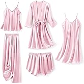 SAPJON Silk Pajamas for Women 5Pcs Sleepwear Loungewear Satin Robe Cami Shorts Pj Set