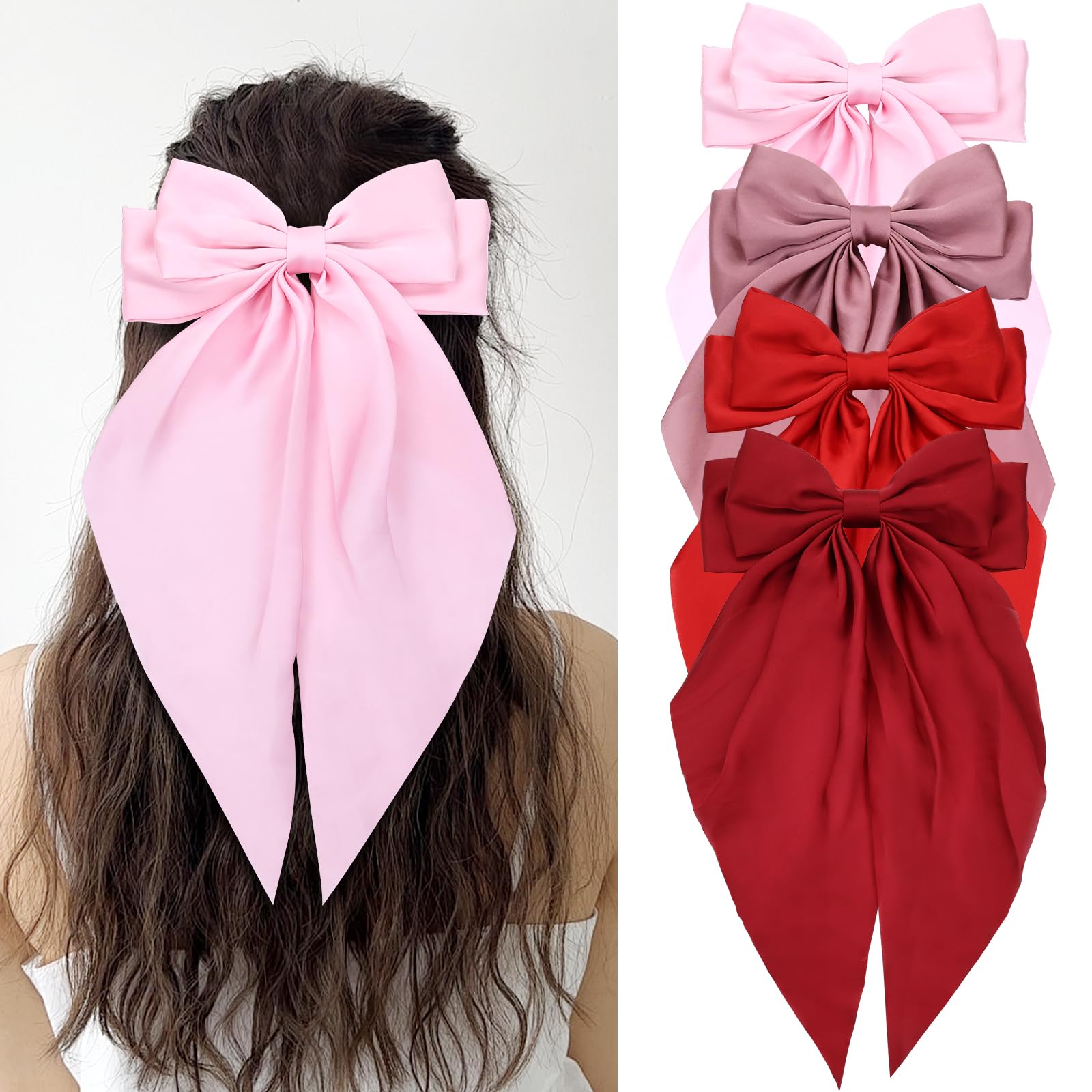 Cinaci 4 Pieces Large Big Oversized Satin Hair Bows with Long Tail French Barrettes Hair Clips Accessories for Women Girls Teens