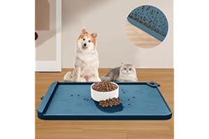 RAOUOEN Dog Food Mat, Silicone Dog Mat for Food and Water -Pet Feeding Mats with Residue Collection Pocket, Waterproof Dog Cat Bowl Mats with Raised Edges and Hooks, Placemats for Cats and Dogs Water Bowl