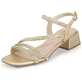 IDIFU IN2 Rhinestone Low Heels for Women Sparkly Dressy Block Short Strappy Square Open Toe Chunky Heeled Sandals Prom Wedding Bride Party Dress Shoes Comfortable Bling Thick Heels