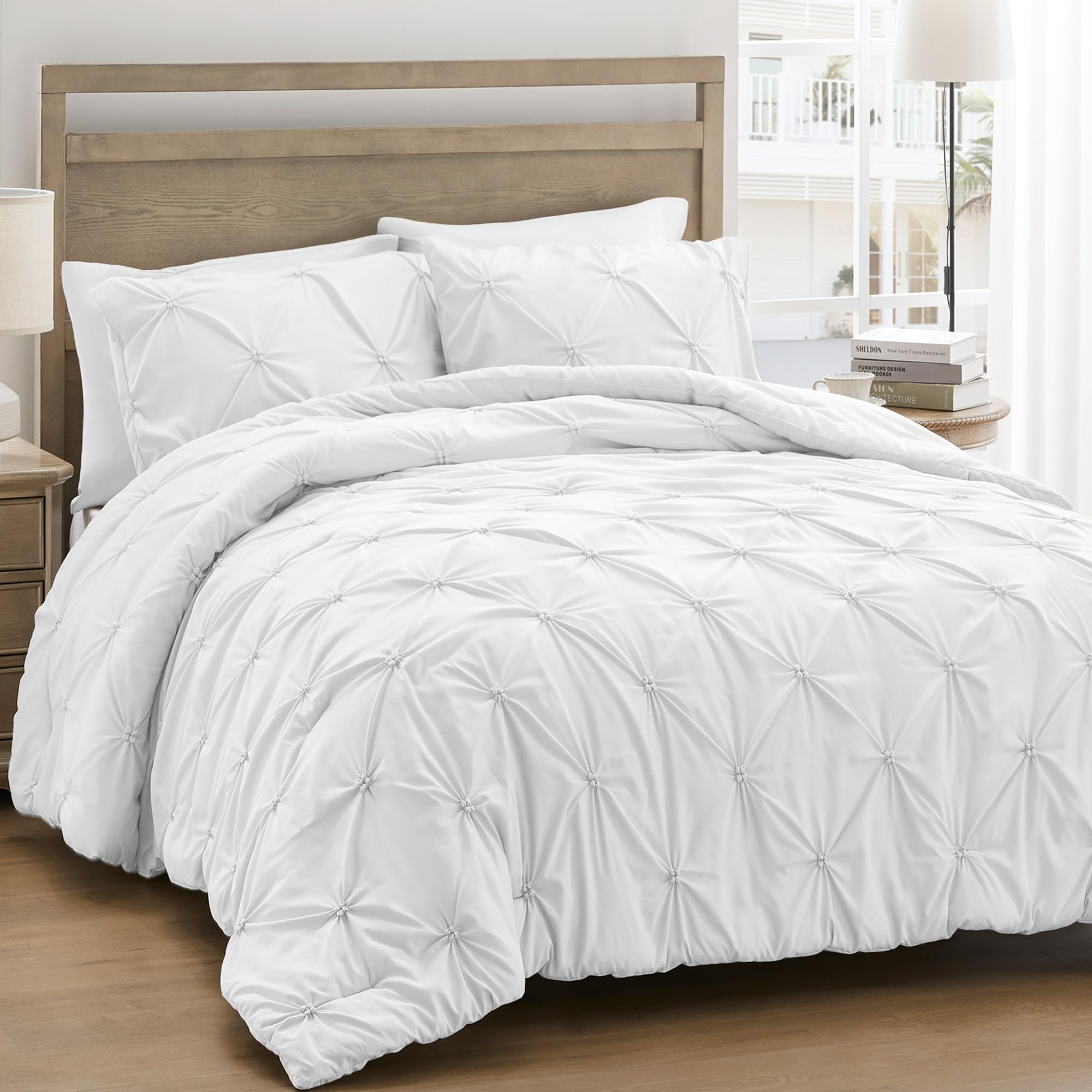 Photo 1 of UNIKOME King Size Comforter Set White - Ultra Soft Boho Pintuck Down Alternative Bedding Set for All Seasons, 3 Pieces Lightweight Warm Pinch Pleat Bed Set with Comforter, 2 Pillowcases