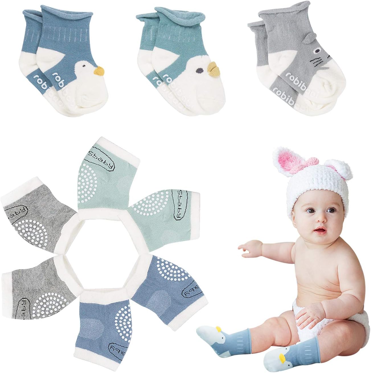 Unisex Baby Crawling Anti-Slip Knee pads,Toddlers Soft Cotton Walkers Socks