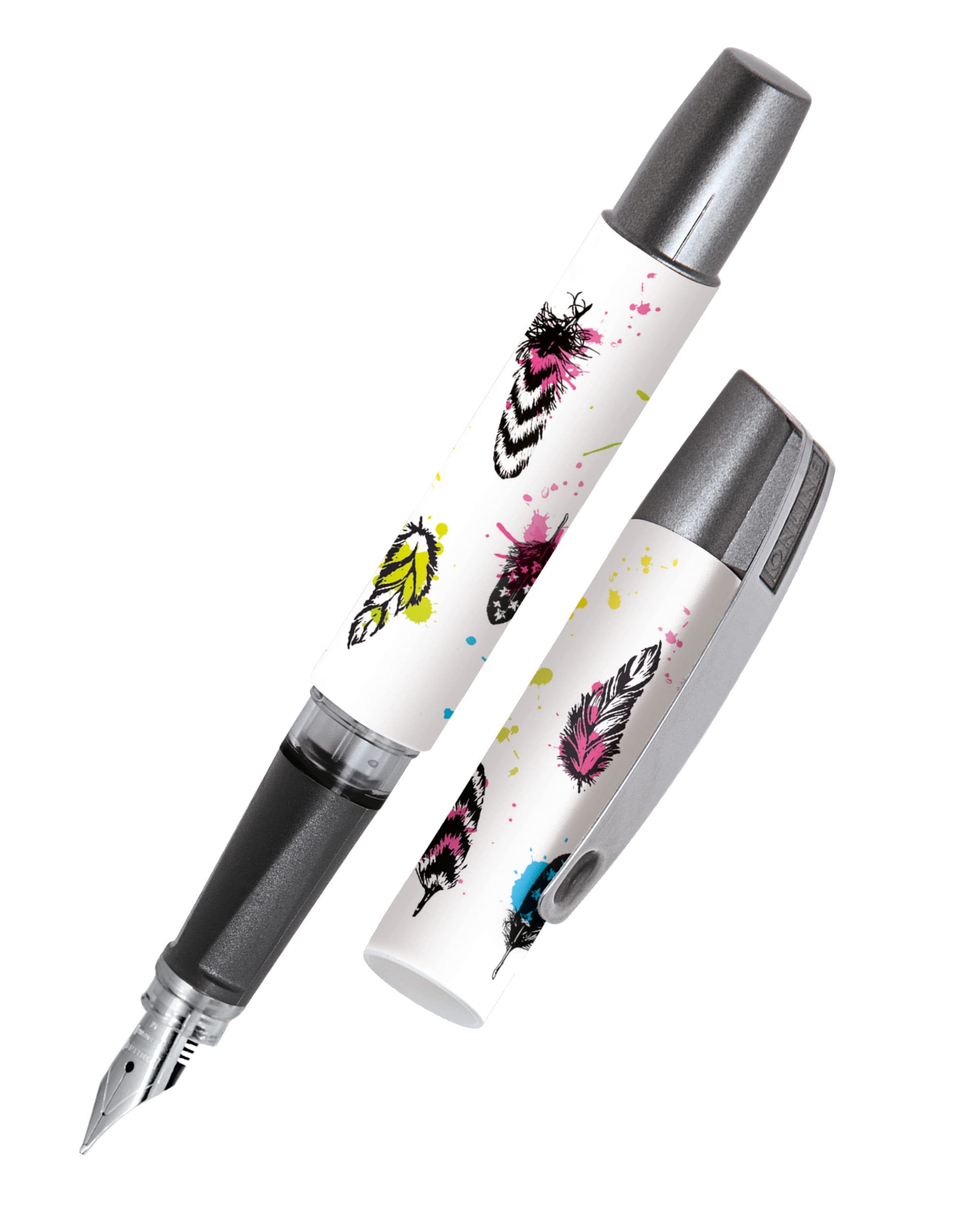 Online Ergonomic fountain pen for school/college - Campus Coloured Feather - solid medium nib, soft grip part, for standard ink cartridges, refillable, ideal for beginners/pupils/students