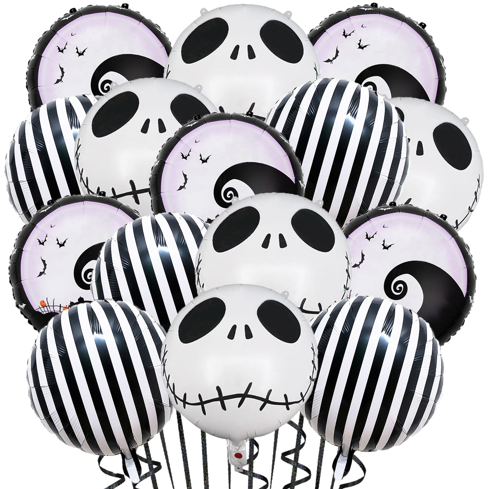 Photo 1 of 15 Pcs Halloween Party Balloons Skull Balloons Black and White Striped Skeletons Balloon Nightmare Skull Foil Balloons for Halloween Christmas Birthday Baby Shower Themed Party Decorations