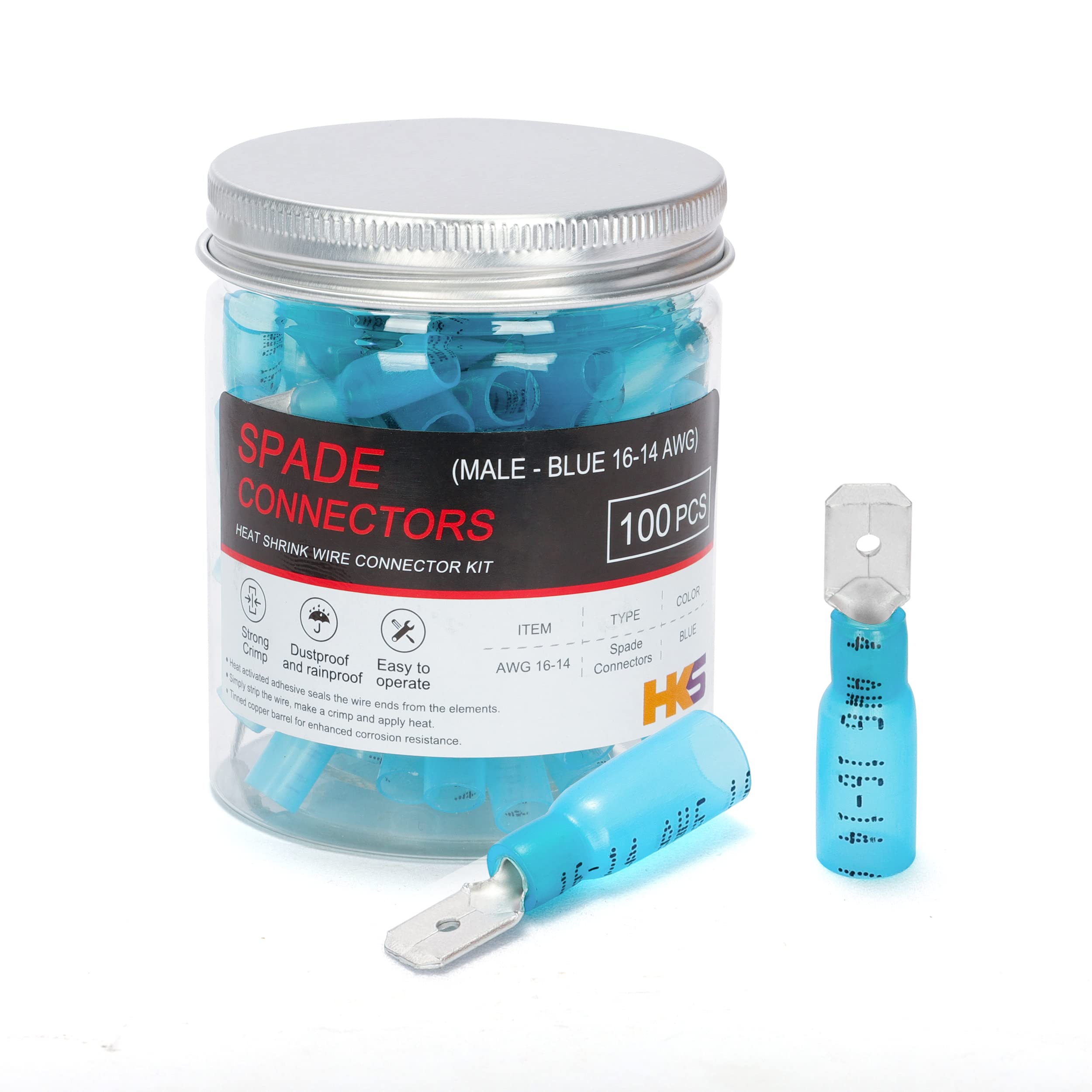 HKS 100PCS Male Spade Connector Blue 16-14 AWG