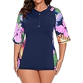 LURANEE Women Plus Sun Swim Shirt Swimwear Loose Fit Short Sleeve UPF 50+ Sun Protection Zip Rash Guard