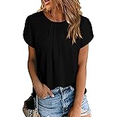 PRETTYGARDEN Women's Tops 2026 Casual Summer Round Neck Short Sleeve Basic Pleated Loose Fit Blouses Plain Tunic Shirts