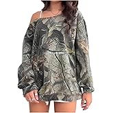 SOLY HUX Women's Plus Size Camo Sweatshirt Off the Shoulder Long Sleeve Vintage Leaf Print Pullover Tops