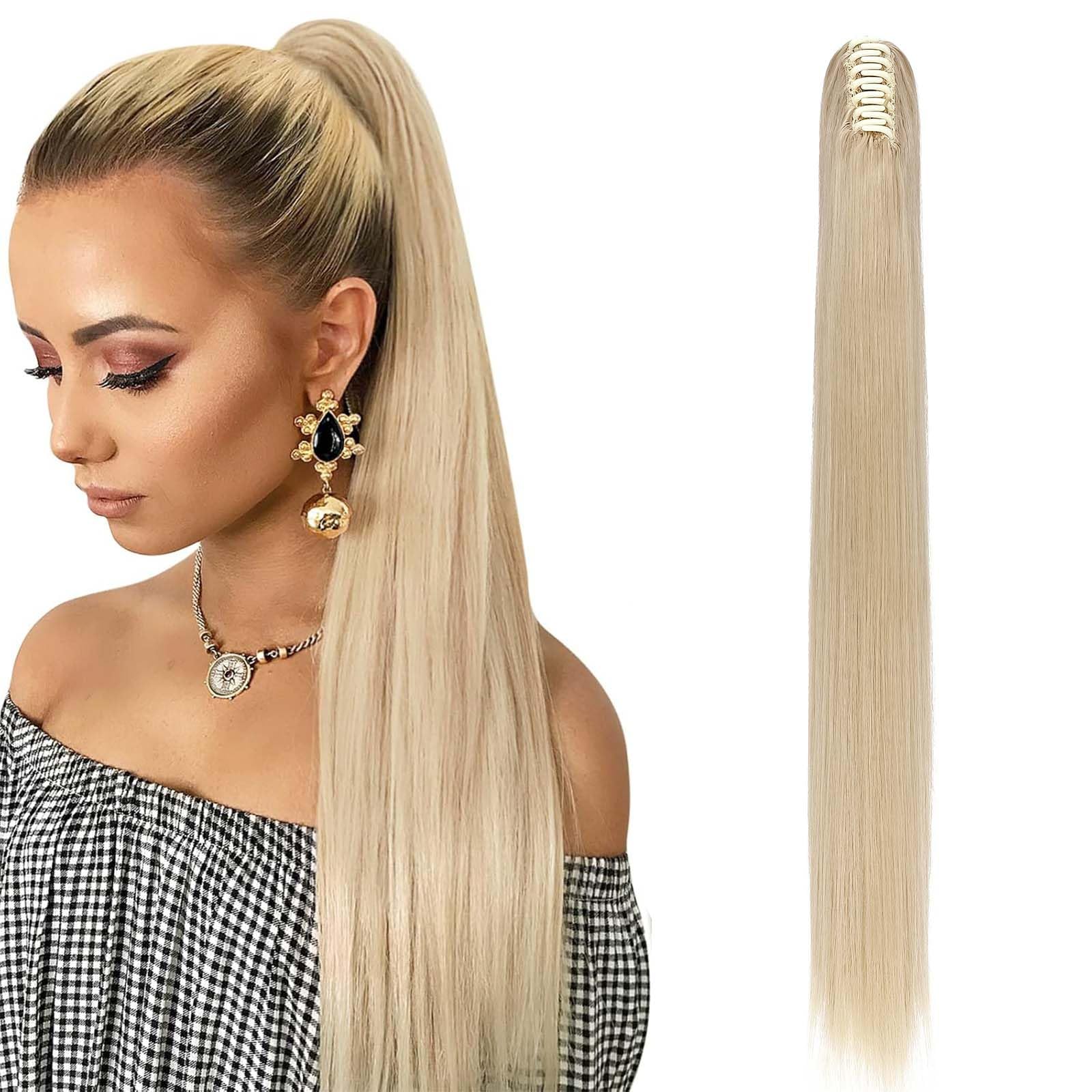 Fashion Ponytail Hair Extension Claw Curly Wavy Straight Clip in ponytail Hairpiece One Piece fake hair Ponytails for Women 26” Straight Dark blonde mix bleach blonde