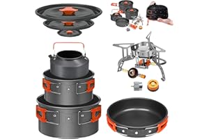 Camping Cookware Mess Kit Set with Stove - Backpacking Camping Pots and Pans Set, All in One Non-Stick Camping Cooking Set, P