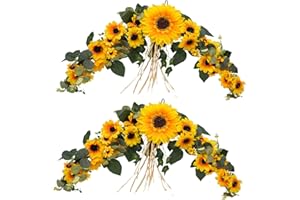 MINYULUA 2Pcs Artificial Sunflower Swags 23.6" Rustic Silk Front Door Swag Handmade Decorative Floral Swag with Greenery Leaves for Wedding Arch Table Home Office Party Backdrop Decor