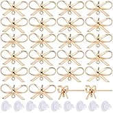 SUNNYCLUE 1 Box 20 Sets Real 18K Gold Plated Earring Posts Stud Earring Findings Earring Studs Earring Stud with Hole Bowknot Post Earrings for Jewelry Making Accessories DIY Dangle Earrings Supplies