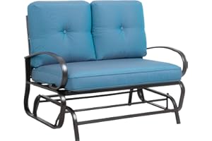 Shintenchi Metal Outdoor Patio Swing Glider Bench, Loveseat Rocking Chair, Wrought Iron Patio Furniture Steel Frame Glider Chair with Cushion for Porch, Balcony, Garden(Blue)
