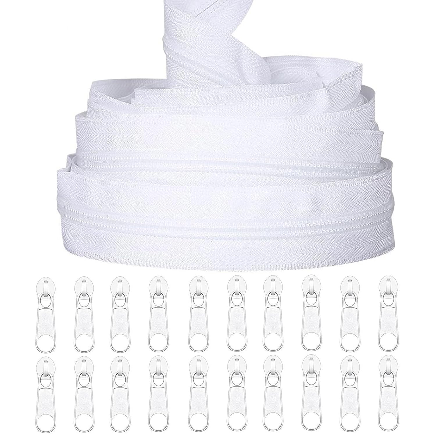 TBACW 5 Yards Bulk Zipper, #5 Zippers for Sewing, #5 Black Nylon Coil Zipper by The Yards, Replacement with 20PCS Sliders for DIY Sewing Craft Bags (White)