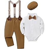 YUEMION Baby Boy Clothes Wedding Outfit Infant Tuxedo Gentleman Suits Dress Shirt+ Beret Hat +Suspender Pants +Bowtie 0-18M