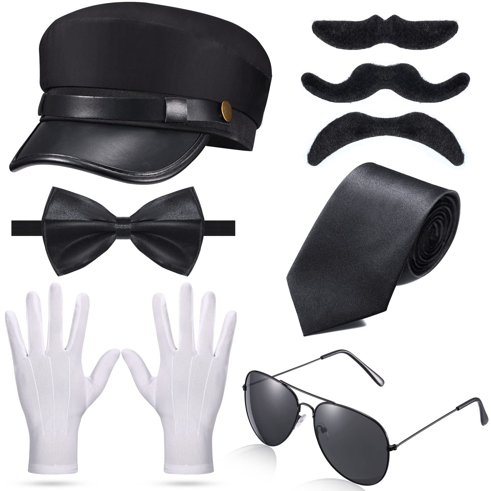 Photo 1 of 8 Pieces Chauffeur Costume Novelty Limo Driver Costume Black Chauffeur Hat Taxi Driver Hat Gloves Bow Tie Self Adhesive Fake Mustaches Beard Glasses