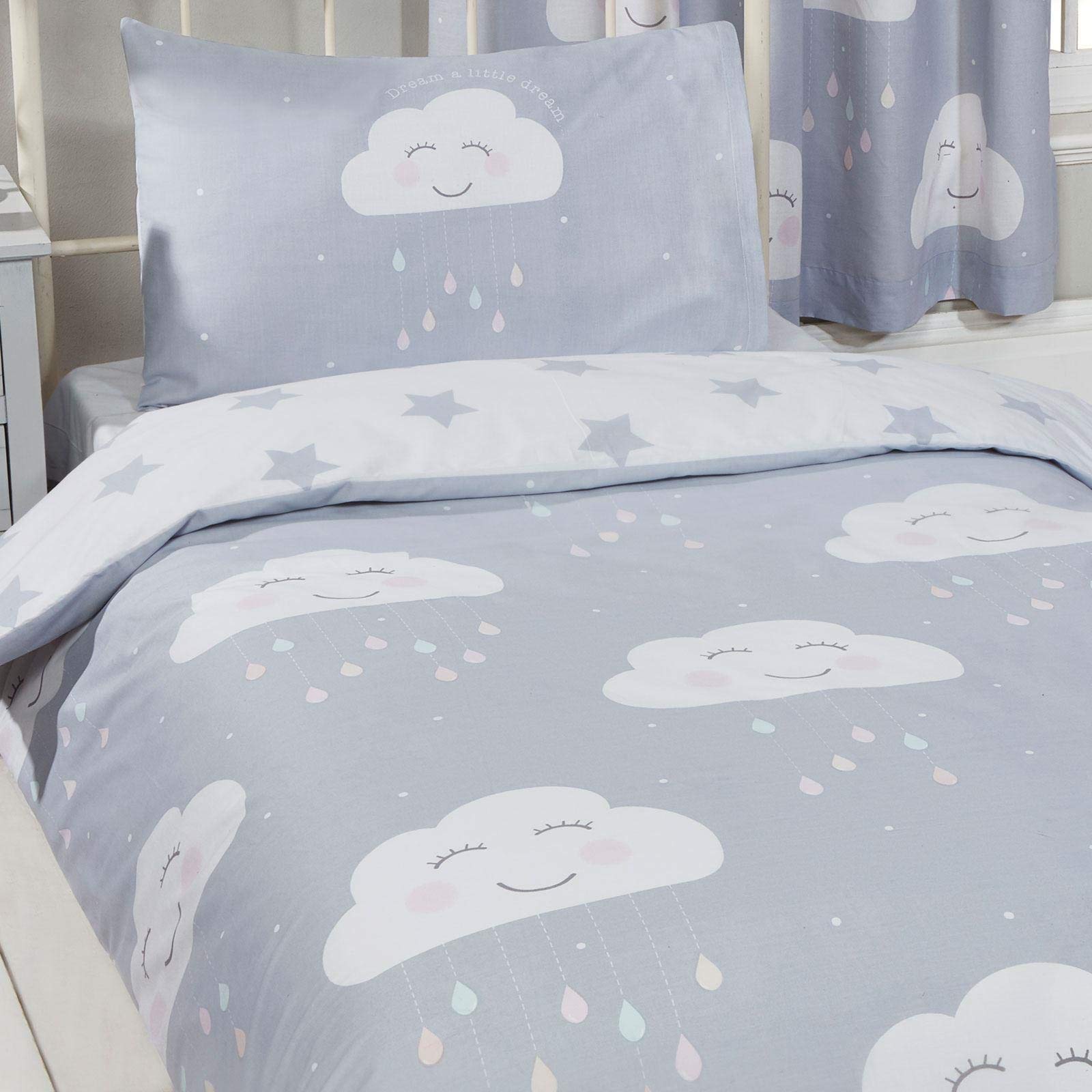 Price Right Home Happy Clouds Bedroom Range Kids Stars White/Grey - Duvet Cover Set & Curtains Available (Single Duvet Cover Set)