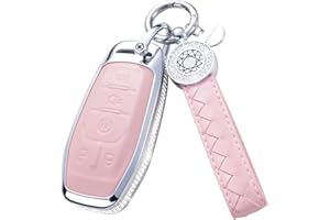 RUABIBAN Compatible with Ford Key Fob Cover with Keychain, Pink Genuine Leather Crystal Key Case Protection Shell for Ford Fusion Mustang F150 Edge Explorer Lincoln MKZ MKC MKX Smart Remote Key